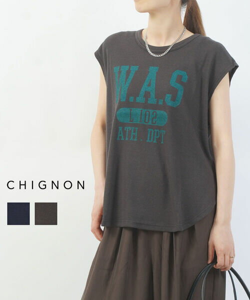 乐天商城 - 【マラソン期間ポイント10倍】シニヨン CHIGNON Tシャツ ロゴ ワッフルTシャツ トップス 半袖 体型カバー 二の腕カバー フレンチスリーブ ストレッチ カジュアル きれいめ・8453-392KK-5092501(メール便可能商品)[M便 5/5](レディース)