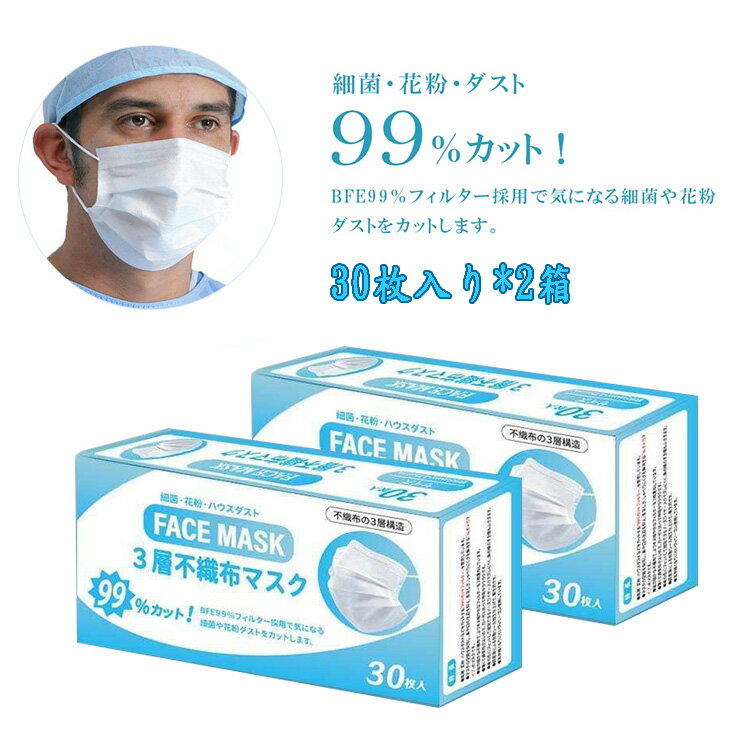 【今日特価!!】マスク 60枚【30枚*2箱】 マスク 使い捨て 3層構造 ホワイト 花粉症対策 風邪予防 BEF99.9% 抗菌 PM2.5対応 不織布 超快適 男女兼用【メール便発送不可】