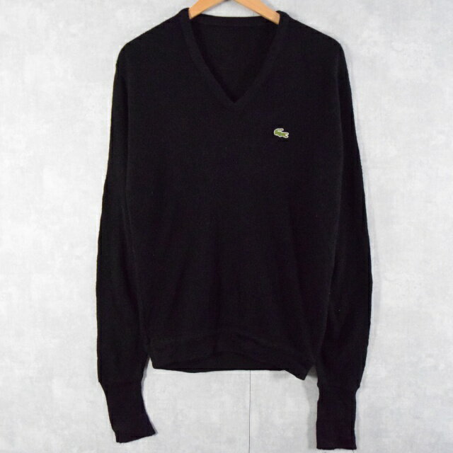 80's LACOSTE ワンポイントロゴ Vネック アクリルニットセーター BLACK 80年代 80s ラコステ ブラック 黒 【古着】 【ヴィンテージ】 【中古】 【メンズ店】