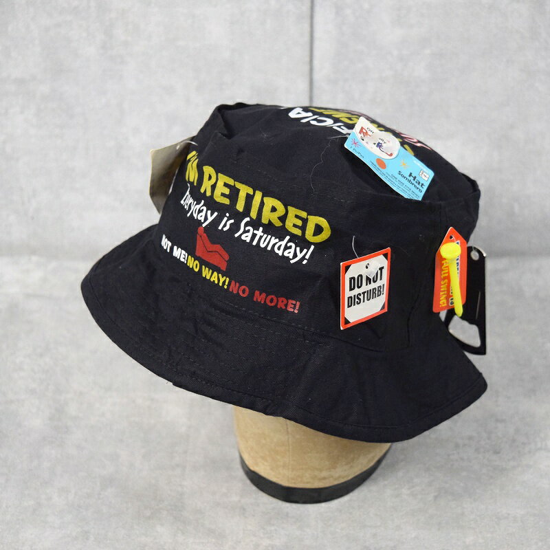 RETIREMENT Survival Hat 栓抜き付き バケットハット BLACK DEADSTOCK サバイバルハット 黒 ブラック 帽子 ゴルフピン プリント デッドストック 【古着】 【ヴィンテージ】 【中古】 【メンズ店】