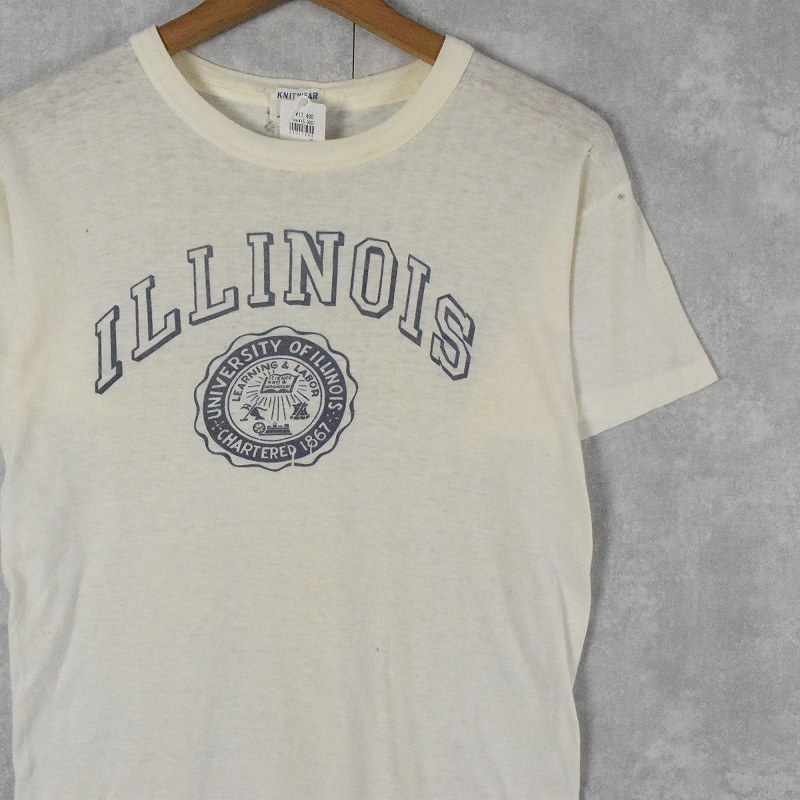 50's E&W "ILLINOIS" 染み込みプリントTシャツ M 50年代 50s カレッジ 白 ホワイト【古着】 【ヴィンテージ】 【中古】 【メンズ店】