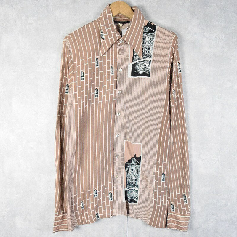 70's Roberto 総柄シャツ L 70年代 70s 茶色 ブラウン 長袖【古着】 【ヴィンテージ】 【中古】 【メンズ店】
