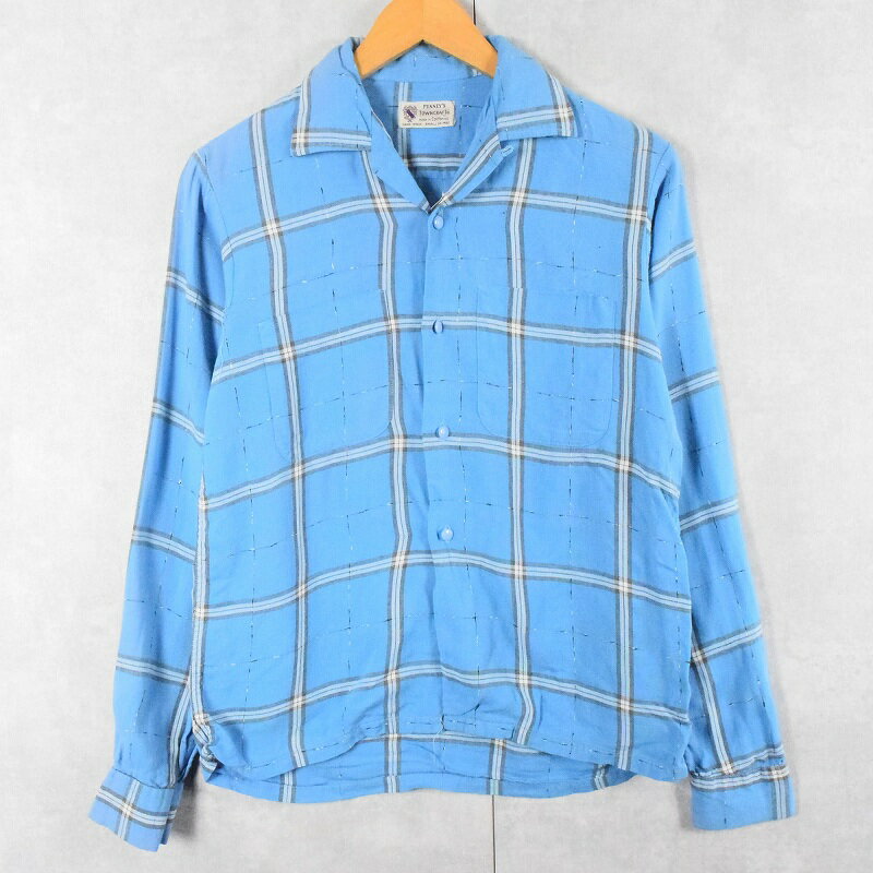 50's PENNEY'S TOWNCRAFT チェック柄 コットン×レーヨン オープンカラーシャツ S 50s 50年代 ぺニーズ タウンクラフト ストアブランド 水色 ライトブルー 長袖 ループカラー 【古着】 【ヴィンテージ】 【中古】 【メンズ店】