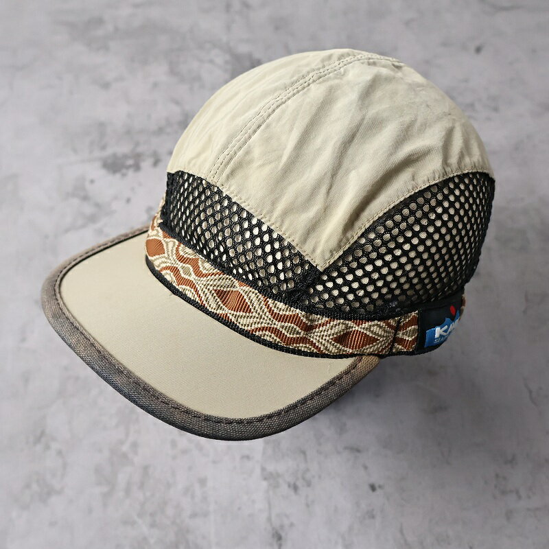 90's〜 KAVU USA製 ナイロンメッシュキャップ L 90s 90年代 カブー アメリカ製 ベージュ 帽子 ワークキャップ チロリアンテープ 【古着】 【ヴィンテージ】 【中古】【メンズ店】