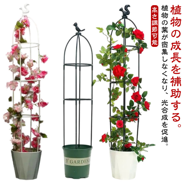 植物の成長を補助する。植物の葉が密集しなくなり、光合成を促進。バランスを整え、重さで茎が折れるのを防げます。【高さ調節可能 & 簡易組立式】高さ95/120/145cmまで自由に調節可能で、つる性植物の成長に合わせて柔軟に対応。金属製パーツを組み立てるだけの簡単設置（工具不要）。【頑丈な金属製デザイン】金属素材で耐久性抜群。スタイリッシュなオベリスクアーチ形状で、庭やプランターのアクセントに。【つる性植物の最適サポート】バラ（薔薇）、クレマチス、朝顔など、あらゆるつる性植物の誘引に最適。植物の自然な成長を促し、倒伏を防止。【おしゃれな園芸装飾】シンプルでモダンなデザインがガーデンやベランダの景観をアップ。鉢植えや花壇の立体感を演出。【多用途活用】プランター周り、庭の小道、エントランスなど、さまざまな場所に設置可能。季節の花やライトを絡ませて、オリジナルの装飾アイテムとしても活用。 サイズ 二段 三段 四段 サイズについての説明 サイズ：【二段】：高さ約95cm 【三段】：高さ約120cm 【四段】：高さ約145cm 直径約22cm※サイズ計測には誤差が生じます。 素材 グラスファイバーロッド プラスチック 色 タイプ1ブラック タイプ1ホワイト タイプ2ブラック タイプ2ホワイト 備考 ●サイズ詳細等の測り方はスタッフ間で統一、徹底はしておりますが、実寸は商品によって若干の誤差(1cm〜3cm )がある場合がございますので、予めご了承ください。 ●製造ロットにより、細部形状の違いや、同色でも色味に多少の誤差が生じます。 ●パッケージは改良のため予告なく仕様を変更する場合があります。 ▼商品の色は、撮影時の光や、お客様のモニターの色具合などにより、実際の商品と異なる場合がございます。あらかじめ、ご了承ください。 ▼生地の特性上、やや匂いが強く感じられるものもございます。数日のご使用や陰干しなどで気になる匂いはほとんど感じられなくなります。 ▼同じ商品でも生産時期により形やサイズ、カラーに多少の誤差が生じる場合もございます。 ▼他店舗でも在庫を共有して販売をしている為、受注後欠品となる場合もございます。予め、ご了承お願い申し上げます。 ▼出荷前に全て検品を行っておりますが、万が一商品に不具合があった場合は、お問い合わせフォームまたはメールよりご連絡頂けます様お願い申し上げます。速やかに対応致しますのでご安心ください。植物の成長を補助する。植物の葉が密集しなくなり、光合成を促進。バランスを整え、重さで茎が折れるのを防げます。【高さ調節可能 & 簡易組立式】高さ95/120/145cmまで自由に調節可能で、つる性植物の成長に合わせて柔軟に対応。金属製パーツを組み立てるだけの簡単設置（工具不要）。【頑丈な金属製デザイン】金属素材で耐久性抜群。スタイリッシュなオベリスクアーチ形状で、庭やプランターのアクセントに。【つる性植物の最適サポート】バラ（薔薇）、クレマチス、朝顔など、あらゆるつる性植物の誘引に最適。植物の自然な成長を促し、倒伏を防止。【おしゃれな園芸装飾】シンプルでモダンなデザインがガーデンやベランダの景観をアップ。鉢植えや花壇の立体感を演出。【多用途活用】プランター周り、庭の小道、エントランスなど、さまざまな場所に設置可能。季節の花やライトを絡ませて、オリジナルの装飾アイテムとしても活用。 サイズ 二段 三段 四段 サイズについての説明 サイズ：【二段】：高さ約95cm 【三段】：高さ約120cm 【四段】：高さ約145cm 直径約22cm※サイズ計測には誤差が生じます。 素材 グラスファイバーロッド プラスチック 色 タイプ1ブラック タイプ1ホワイト タイプ2ブラック タイプ2ホワイト 備考 ●サイズ詳細等の測り方はスタッフ間で統一、徹底はしておりますが、実寸は商品によって若干の誤差(1cm〜3cm )がある場合がございますので、予めご了承ください。 ●製造ロットにより、細部形状の違いや、同色でも色味に多少の誤差が生じます。 ●パッケージは改良のため予告なく仕様を変更する場合があります。 ▼商品の色は、撮影時の光や、お客様のモニターの色具合などにより、実際の商品と異なる場合がございます。あらかじめ、ご了承ください。 ▼生地の特性上、やや匂いが強く感じられるものもございます。数日のご使用や陰干しなどで気になる匂いはほとんど感じられなくなります。 ▼同じ商品でも生産時期により形やサイズ、カラーに多少の誤差が生じる場合もございます。 ▼他店舗でも在庫を共有して販売をしている為、受注後欠品となる場合もございます。予め、ご了承お願い申し上げます。 ▼出荷前に全て検品を行っておりますが、万が一商品に不具合があった場合は、お問い合わせフォームまたはメールよりご連絡頂けます様お願い申し上げます。速やかに対応致しますのでご安心ください。