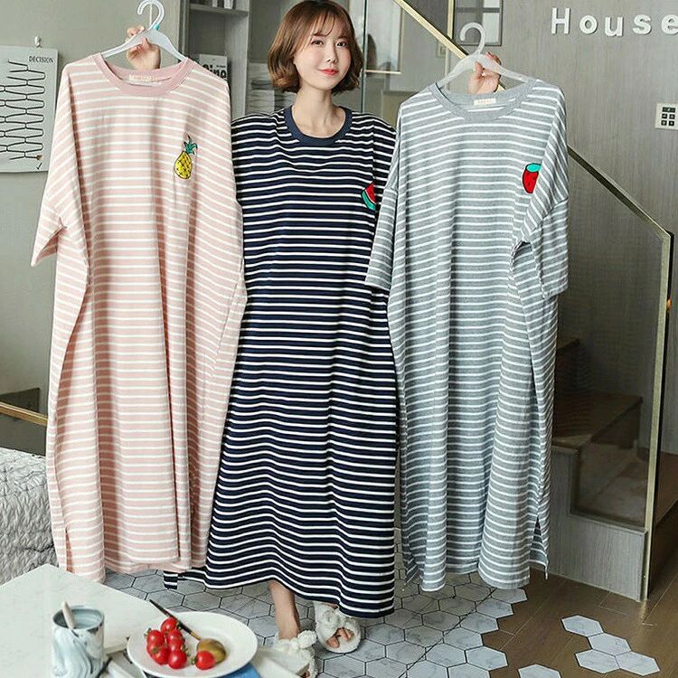 ネグリジェ パジャマ レディース 夏 半袖 可愛い ボーダー 部屋着 寝巻き ロング丈Tシャツ ワンピース オシャレ きれいめ ルームウエア ゆったり 3色
