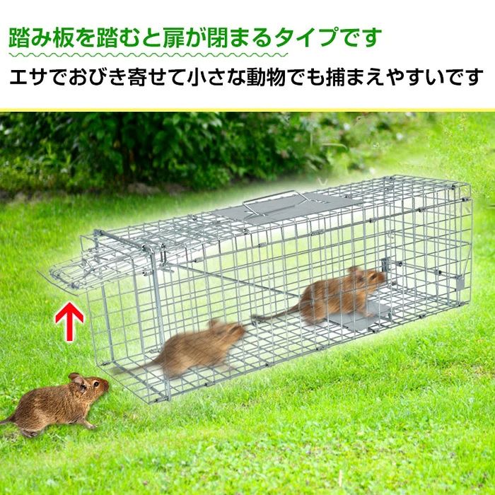 フィール08の捕獲器 踏み板式 折りたたみ収納 ガード付き踏板式 バネ式 アニマルキャッチャー 害獣駆除 害獣対策 Sサイズ 60.5×18.5×20.5cm 小動物 猫用 イタチ ねずみ 鼠 害獣 保護 捕獲 動物捕獲器 動物用捕獲器 吊りエサ 庭 畑 農業 家庭菜園 動物｜アングル3