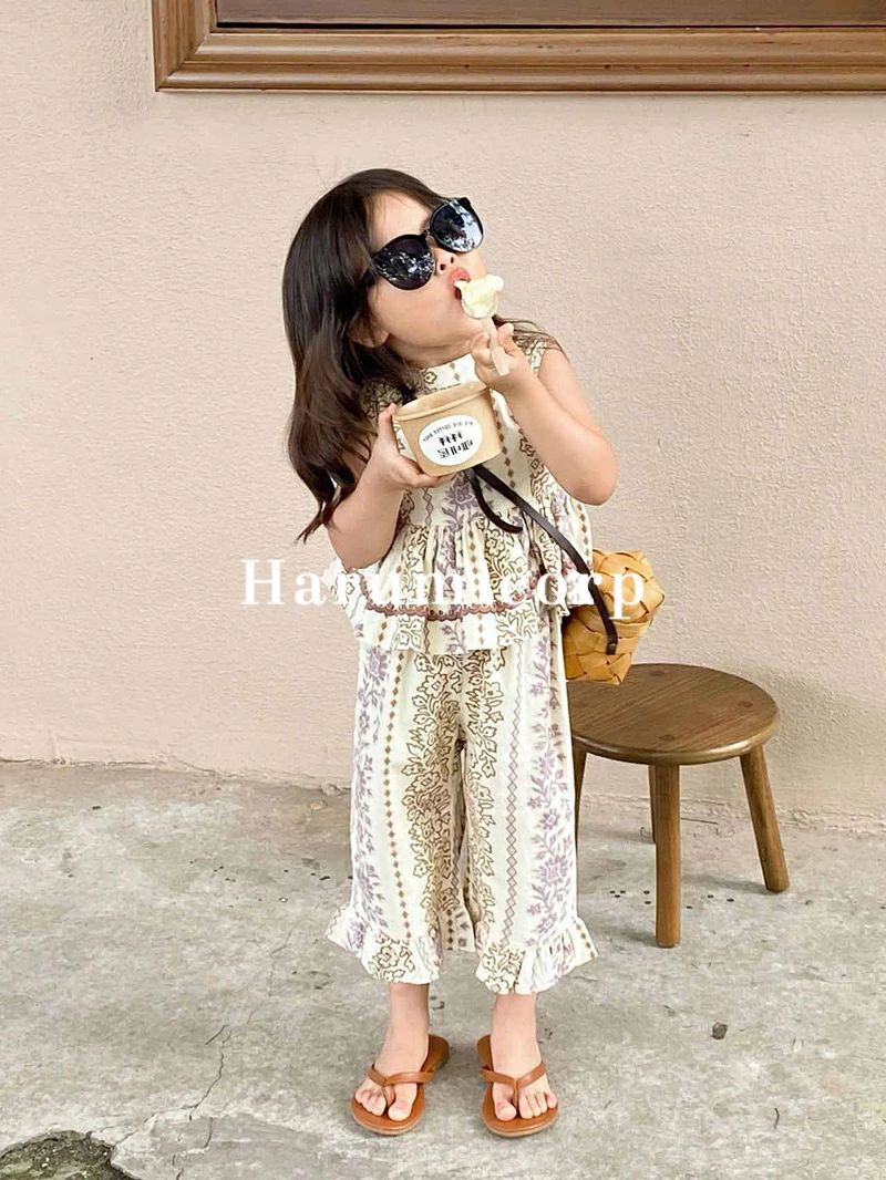セットアップ キッズ 子供服 女の子 ベビー服 上下セット花柄 袖なしシャツ ガウチ...