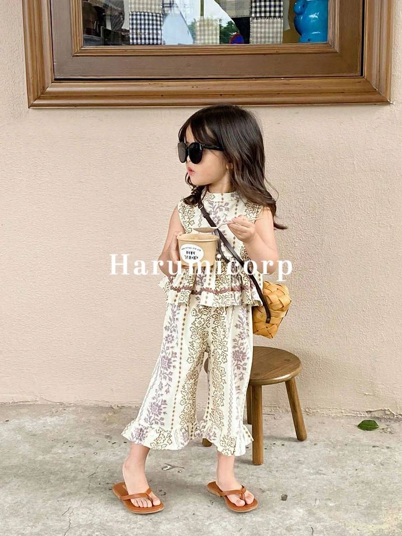 セットアップ キッズ 子供服 女の子 ベビー服 上下セット花柄 袖なしシャツ ガウチ...