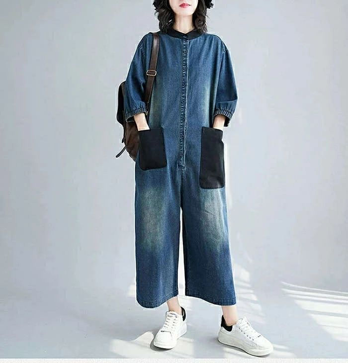 フィール08のデニム つなぎ レディース デニム オールインワン デニムパンツドレス 連体服　パンツドレス オーバーオール デニムオールインワン 長袖 ロングパンツ ツナギ 古着風 マタニティ ゆったり目 送料無料｜アングル2