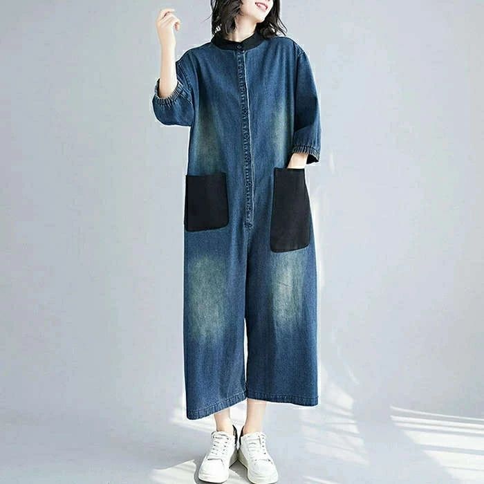 フィール08のデニム つなぎ レディース デニム オールインワン デニムパンツドレス 連体服　パンツドレス オーバーオール デニムオールインワン 長袖 ロングパンツ ツナギ 古着風 マタニティ ゆったり目 送料無料｜アングル3