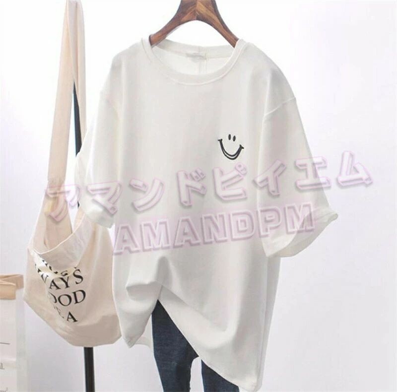 半袖Tシャツ レディース スマイルマーク プルオーバー かわいいTシャツ ラウンドネック ゆったり 体型カバー 個性的 無地 柔らかい にっこりマーク 笑顔シャツ 快適 キレイ ファッション feel08-10011839 フィール08 サンプル画像3