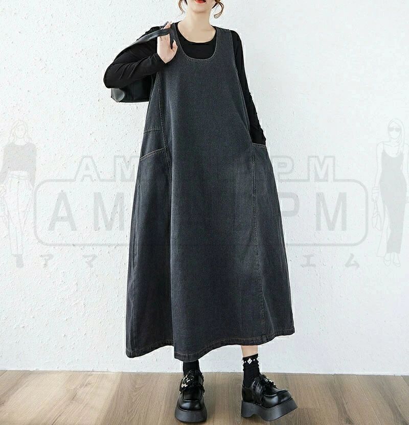 フィール08のワンピース レディース きれいめ カジュアル 秋 冬 Uネック 秋冬 デニムワンピース 50代 秋冬 ロング デニム ジャンパースカート 大きいサイズ ノースリーブ ベスト レイヤード ゆったり 体型カバー おしゃれ 大人可愛い コーデ ポケット 30代 40代 50代｜アングル3