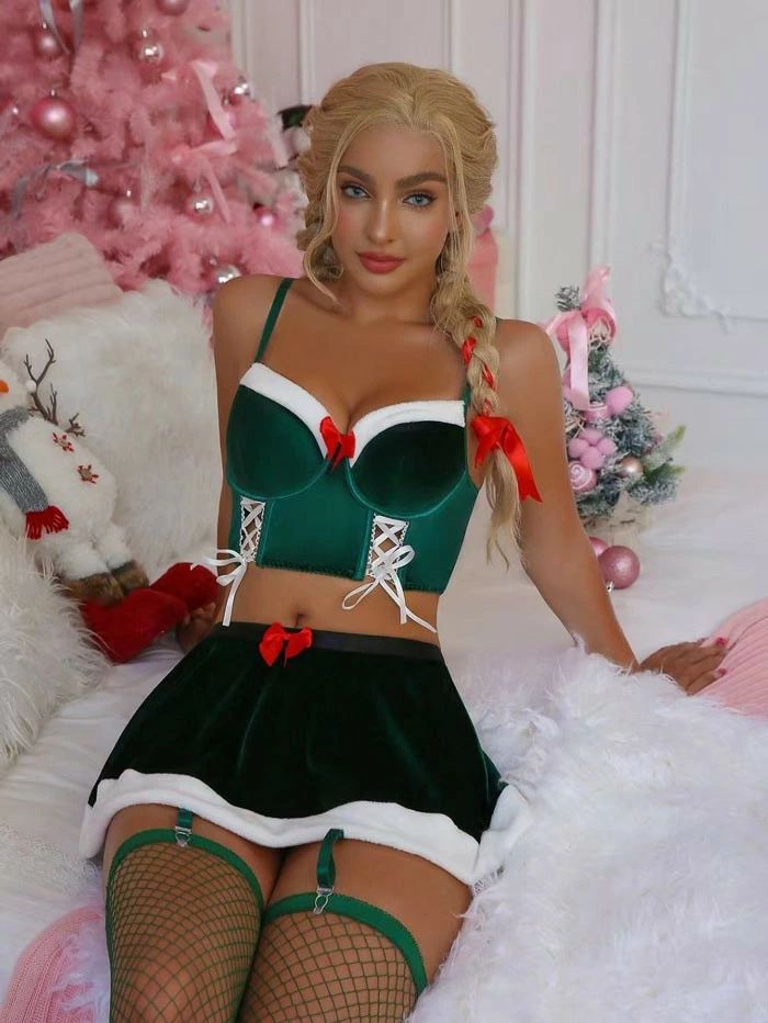 サンタ コスプレ 衣装 セクシー 赤 緑 レディース クリスマス コスチュームセット ビスチェ風 ミニスカート ベロア S M L 2L 大きいサイズ mj073c0c0lc — vista 3