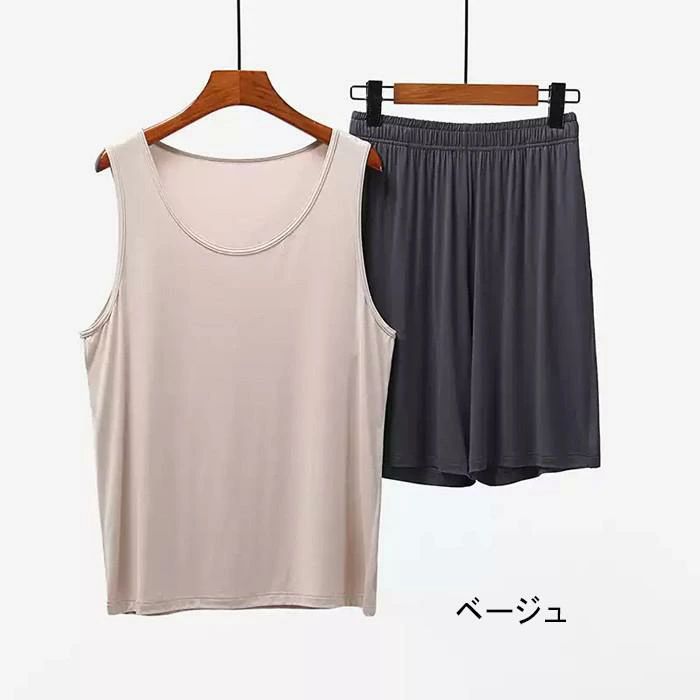 フィール08の【ルームソックス1点プレゼント】パジャマ メンズ タンクトップ 夏用 涼感 上下セット 涼しい 肌に優しい 柔らかく軽い薄手の快適Tシャツ ナイトウェア ゆったり 部屋着 かぶるだけ 寝間着 大きいサイズ サウナ上がり グレー グリーン ベージュ ピンク dh142zbzbx0｜アングル3