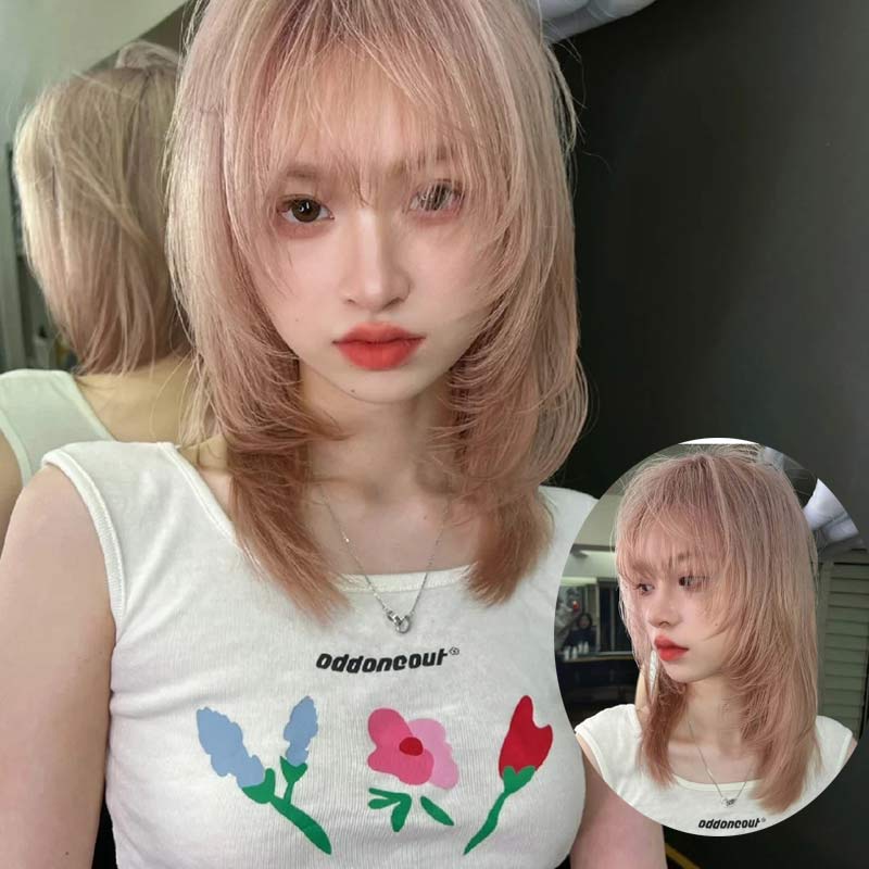 ピンクゴールド ウィッグ フルウィッグ 襟足すっきり 大人 かわいい レディーズ 女性ウイッグ ぱっつん前髪 華やかな印象 女性用 女装 ナチュラル 自然 耐熱 日常 小顔 ネット付きdp309c0c0x0