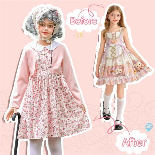 フィール08のハロウィン コスプレ 衣装 子供 大人 親子 ペア 女の子 レディース おばあちゃん風 ドレス 花柄 ワンピース 仮装 セット ウィッグ メガネ ストール 杖 文化祭 学園祭 学芸会 発表会 イベント パーティー 可愛い 面白い コスチューム 秋冬 110〜170cm mj007z7z7m3｜アングル2