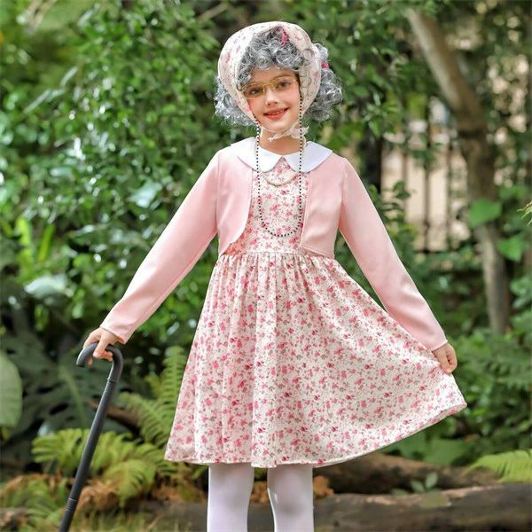 フィール08のハロウィン コスプレ 衣装 子供 大人 親子 ペア 女の子 レディース おばあちゃん風 ドレス 花柄 ワンピース 仮装 セット ウィッグ メガネ ストール 杖 文化祭 学園祭 学芸会 発表会 イベント パーティー 可愛い 面白い コスチューム 秋冬 110〜170cm mj007z7z7m3｜アングル3