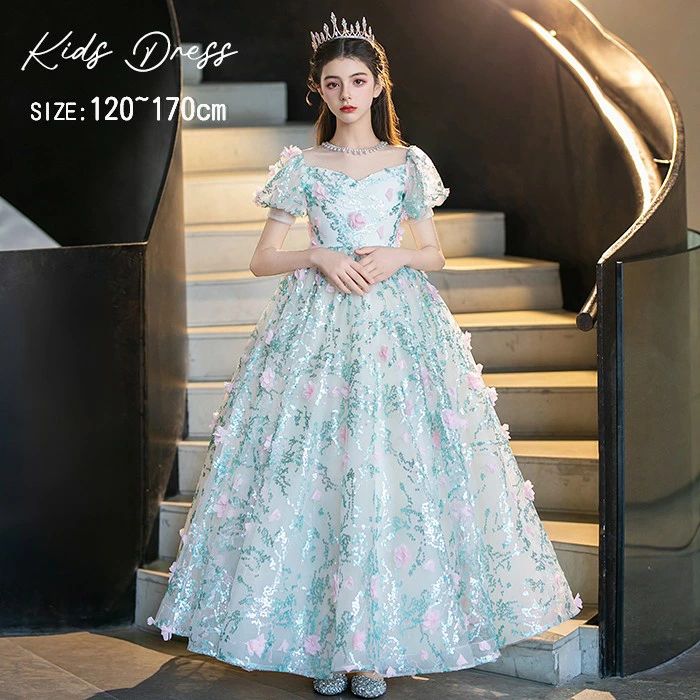 ドレス 子供 発表会 グリーン 緑 結婚式 女の子 ジュニア ピアノ発表会 120 130 140 150 170 フォーマル ワンピース コンクール 袖有り 半袖 ロング ロングドレス キッズドレス パーティドレス キッズ 上品 かわいい コンサート 舞台 イベント 七五三 xz332d7d7m3