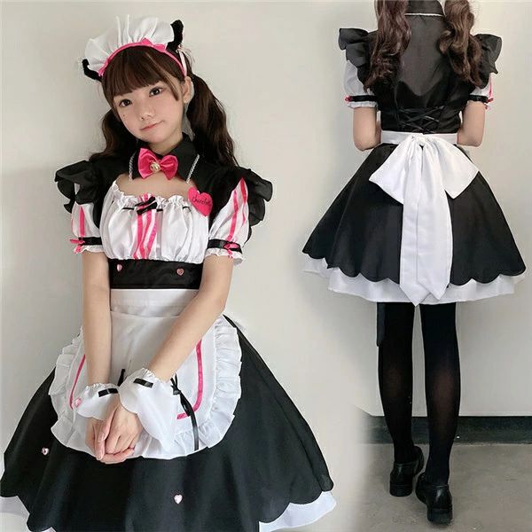 コスプレ衣装 メイド服 レディース 5点セット ワンピース 仮装 セクシー ピンク ライン フロントカットアウト 半袖 フリル 大人 コスプレ ハロウィン 衣装 コスチューム コス ウェイトレス ハロウィーン ゴスロリ イベント 文化祭 かわいい da294g4g4m3