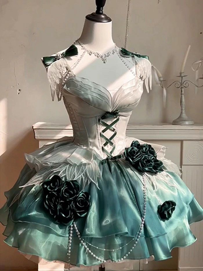 ワンピース ロリータ Lolita アンバーグリーン パフスカート S M L XL おしゃれ コ...