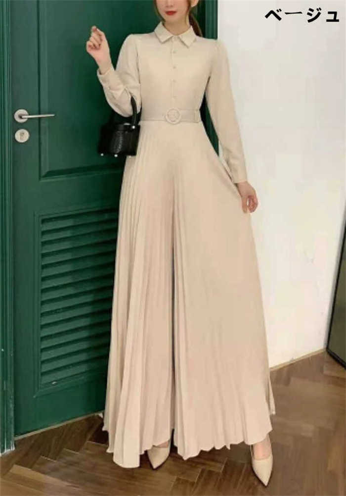 フィール08のオールインワン パンツドレス サロペット ロング パンツ ワイドパンツ 新作 春 秋 秋服 長袖 無地 ドレス レディース 着痩せ ハイウエスト おしゃれ ベルト付き エレガント 通勤 OL オフィス カジュアル ゆったり 体型カバー 20代 30代 40代 50代 大人 切り替え 送料無料｜アングル2