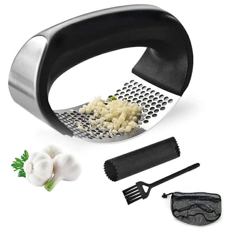 にんにく にんにくつぶし みじん切り ブラシとガーリック皮むき器 ニンニクみじん切り 潰し みじん切り器 対応収納袋付き 人間工学 ニンニク潰し にんにく潰し器 クラッシャー 省力化 ステンレスガーリックプレス ガーリックマッシャー 生姜破砕機