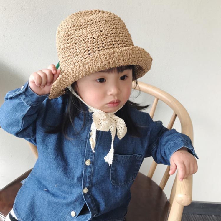 麦わら帽子 レース あごひも付き ストローハット キッズ 48cm 52cm サファリハット...
