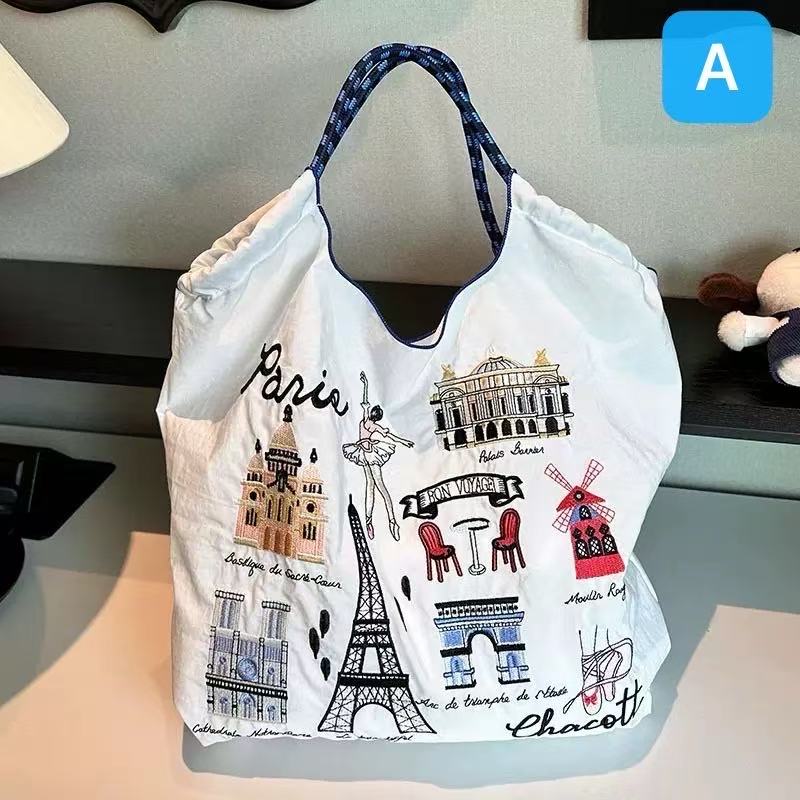 ボールアンドチェーンバッグ エコバッグ M Lサイズ A4対応 刺繍デザイン トートバッグ 軽量 大容量 防水加工 折りたたみ可能 人気 おしゃれ 多機能ポケット