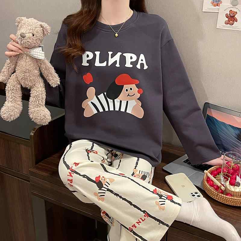 Rakuten - パジャマ 犬柄 かわいい リラックス ラウンドネック レディース 伸縮性 部屋着 モダール 薄手 上下セット ルームウェア 長袖長ズボン 春秋 快適
