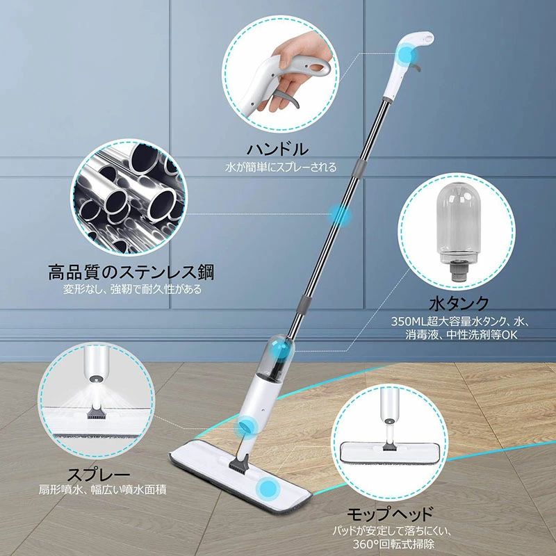 腰曲げず 片手操作可能 乾湿両用 スプレーモップ スクレーパー 4枚交換布巾付き フ...