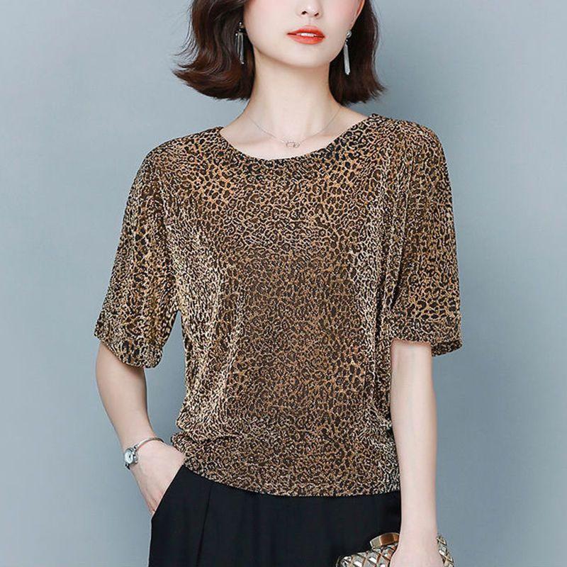 Rakuten - ラウンド襟 Tシャツ トップス レディース 半袖 ヒョウ柄
