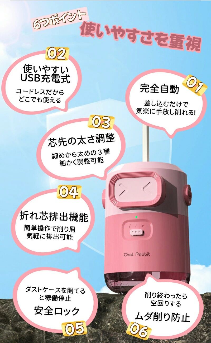 FEEL FEELの自動 削りすぎ防止 電動 軽量 小型 キッズ 鉛筆削り 誕生日 使いやすい 電動鉛筆削り えんぴつ削り 長時間使用 小学生 色鉛筆 入学 折れ芯除去機能 携帯便利 入園 USB 卒業祝い プレゼント シャープナー 芯3段階調整 6.5-8mm鉛筆 充電式 クリスマス｜アングル2