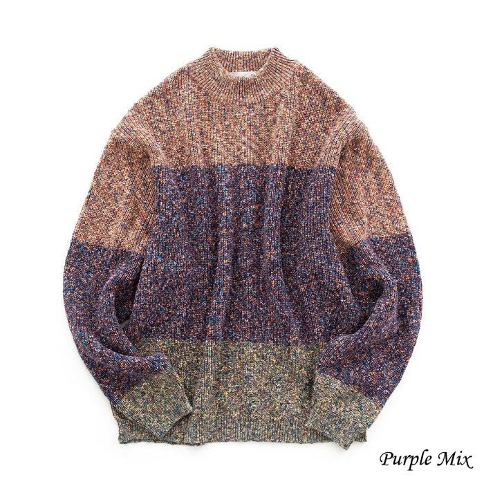 UNITUS Marble Block Knit (2色 Purple Mix/Beige Mix) UTSFW20-KN01 ユナイタス マーブル ブロック ニット 畦編み ミックス カラーブロック セーター 日本製 メンズ 送料無料