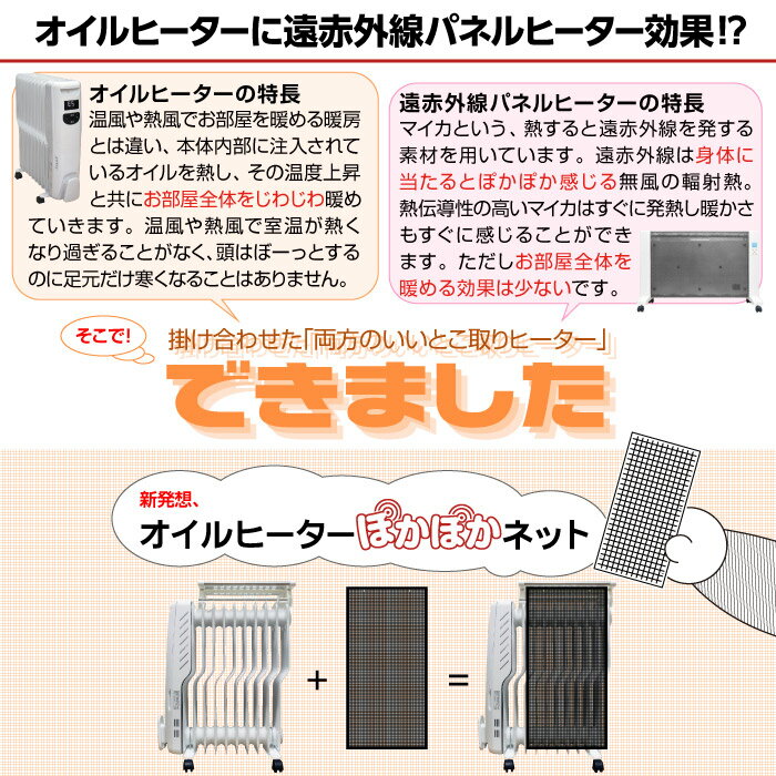 オイルヒーター ぽかぽかネット世界初！新発想！オイルヒーターに装着する「だけ」で遠赤外線ヒーター同等効果をプラスするネットデロンギのオイルヒーターにも使用可能！（対応機種は本ページをご参照ください）遠赤外線 ヒーター