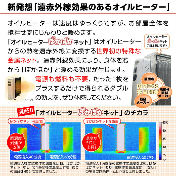 オイルヒーター ぽかぽかネット世界初！新発想！オイルヒーターに装着する「だけ」で遠赤外線ヒーター同等効果をプラスするネットデロンギのオイルヒーターにも使用可能！（対応機種は本ページをご参照ください）遠赤外線 ヒーター