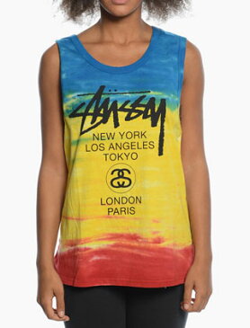 【新品】USA企画 レディース STUSSY WORLD TOUR TD MUSCLE SCOOP/ステューシー　タイダイ ストック SSリンク　シティー ロゴ マッスル タンクトップ 青/黄/赤【サイズ：レディース XS.S.M】【ノースリーブ】【古着屋mellow楽天市場店】