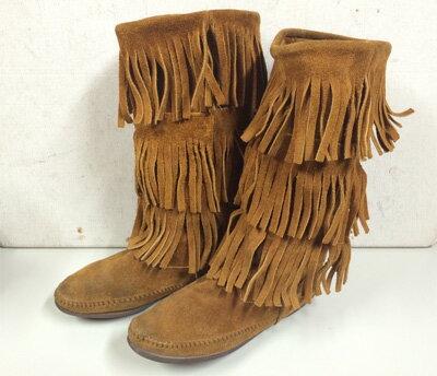 【今ならクーポン利用で300円OFF★】Minnetonka SUEDE FRINGE 3LAYER MOCCASIN BOOTS / ミネトンカ 三段フリンジ スエード ブーツ キャメル【サイズ：Women 039 s7】【ボヘミアン】【古着屋mellow楽天市場店】【中古】