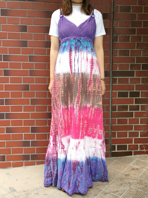 レディース TIE-DYE SUMMER MAXI DRESS/タイダイ マキシ キャミソール ワンピース 紫×ピンク系【SIZE:38】【古着屋mellow楽天市場店】【中古】【Ethnic Boho Hippie Cotton】【ドレス】