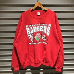 アメリカ製 90's JERZEES ジャージーズ "WISCONSIN BADGERS ROSE BOWL" ローズボウル プリント スウェット シャツ トレーナー プルオーバー 長袖 サイズ：メンズ 3X レッド Made in U.S.A【中古】