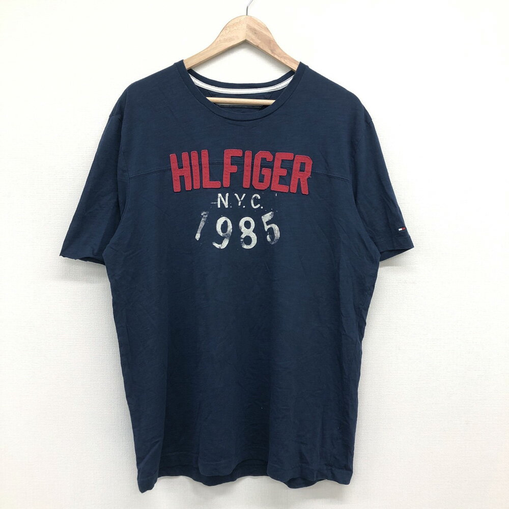 訳あり US古着 トミー ヒルフィガー TOMMY HILFIGER Tシャツ 半袖 ロゴプリント アップリケ サイズ：メンズ XL ネイビー あす楽対応【中古】