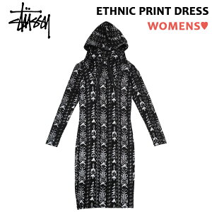 【特価！30%オフ】レディース ステューシー STUSSY ワンピース パーカー 総柄 ストレッチ フーディー ETHNIC PRINT DRESS エスニック プリント ドレス ブラック×ホワイト サイズ：XS , S , M 214299 新品 USA企画 あす楽対応 古着屋mellow楽天市場店