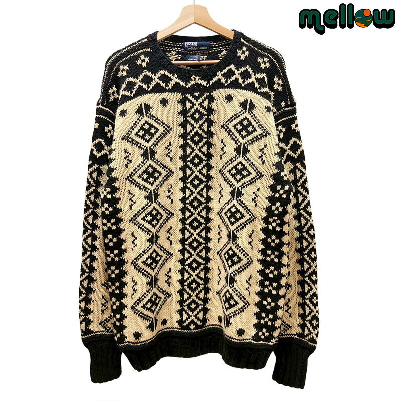 ポロ ラルフローレン セーター リネン×コットン ニット 総柄 HAND KNIT ベージュ×ブラック サイズ:メンズ XL 相当 Polo by Ralph ...