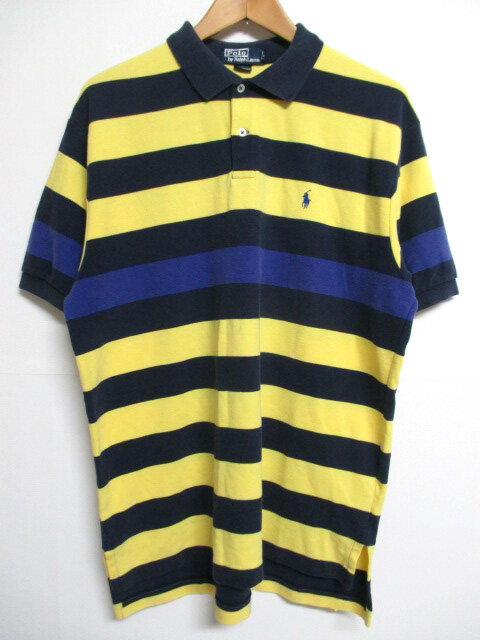 ポロ ラルフローレン/Polo by Ralph Lauren ワンポイント刺繍 コットン ポロシャツ 半袖 ボーダー マルチサイズ:L ダークネイビー×イエロ...