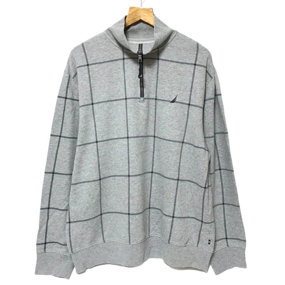 ノーティカ NAUTICA スウェット シャツ プルオーバー ハーフジップ ロゴ ワンポイント 刺繍 チェック柄 トレーナー 長袖 サイズ:XL グレー×ネイビ...