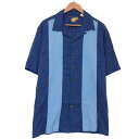 Caribbean コットン×シルク ショートスリーブ 開襟 シャツ 刺繍 ライン 切り替え 半袖 サイズ：L ネイビー×ブルー  古着  中古 mellow 