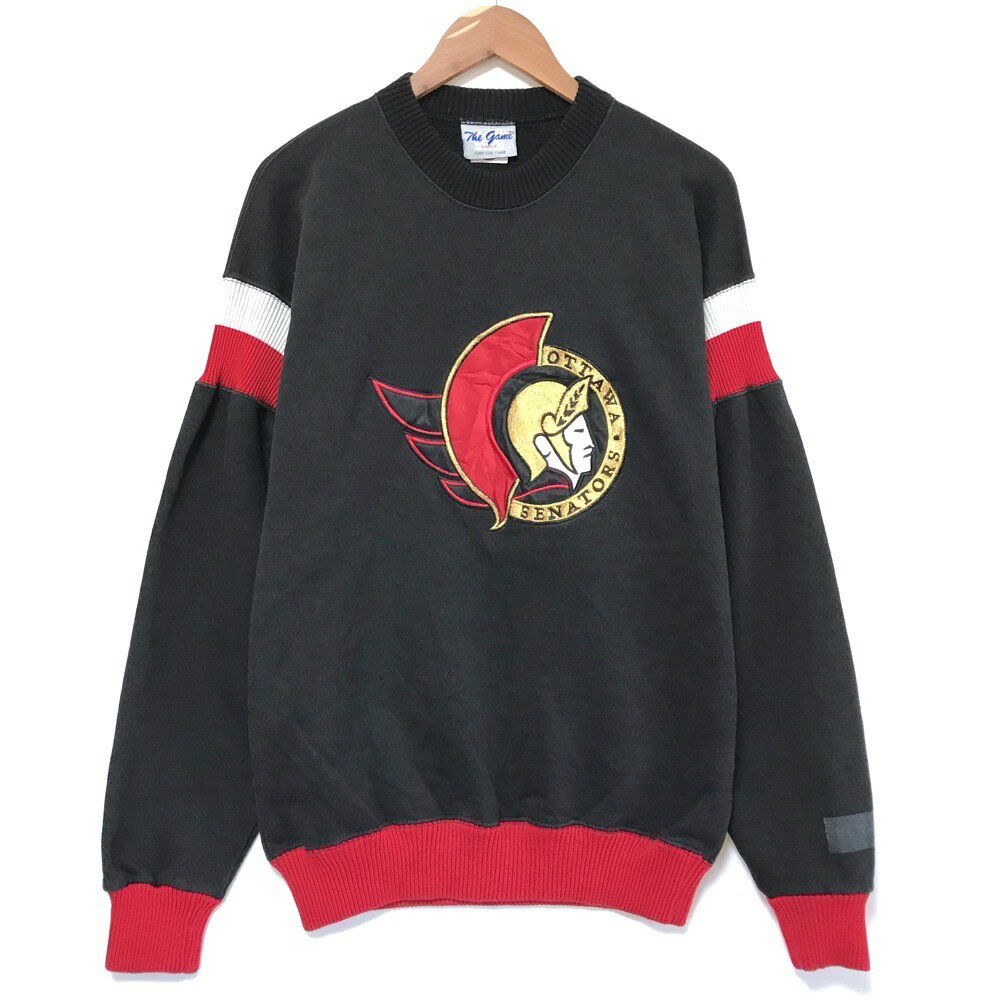 The game スウェット シャツ プルオーバー トレーナー NHL "OTTAWA SENATORS" ロゴ 刺繍 リブボーダー 長袖 サイズ：L ブラック  古着  中古 mellow 