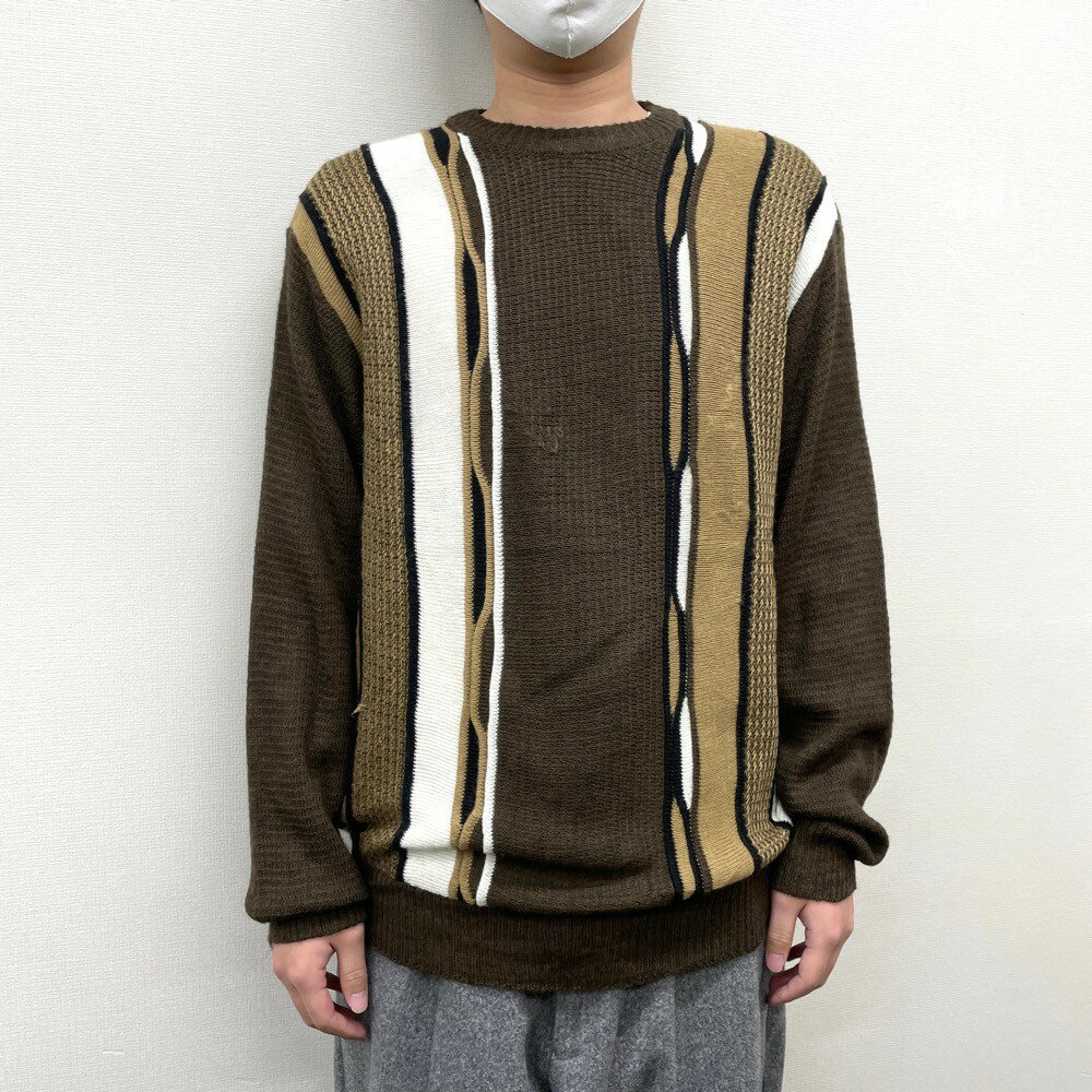 【中古】 MIDNIGHT VELVET 総柄 3Dニット セーター ストライプ 長袖 サイズ:L ブラウン×ベージュ×ホワイト×ブラック マルチカラー 古着 ...