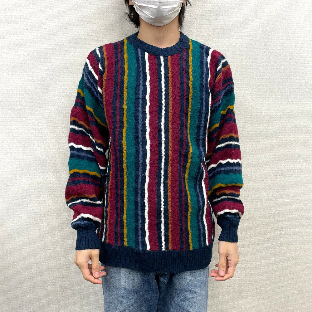 【中古】 WEEKENDS アクリル ニット セーター マルチストライプ 長袖 サイズ:M ネイビー×エンジ×ブルーグリーン等 マルチカラー MADE IN U...