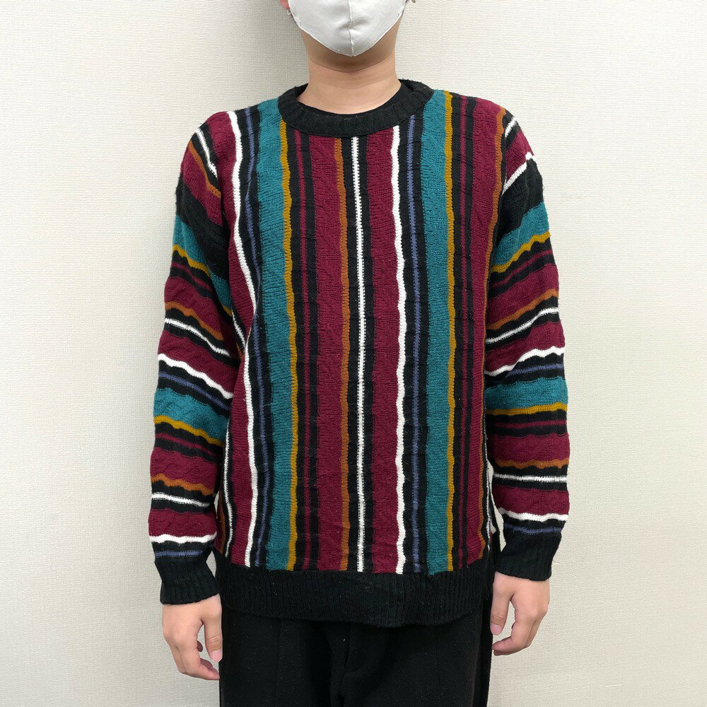 【中古】 atlas アクリル ニット セーター マルチストライプ 長袖 サイズ:XL ブラック×エンジ×ブルーグリーン等 マルチカラー MADE IN U.S...